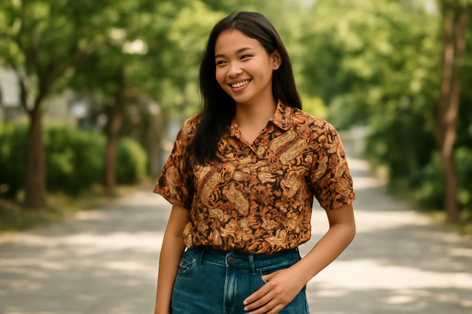 Wanita mengenakan atasan batik dan celana denim untuk tampilan santai