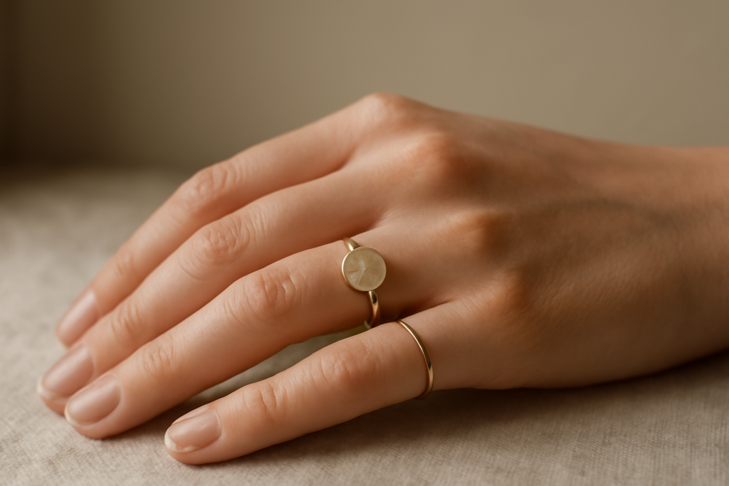 Tangan memakai cincin emas tipis dan cincin batu lonjong di atas kain linen
