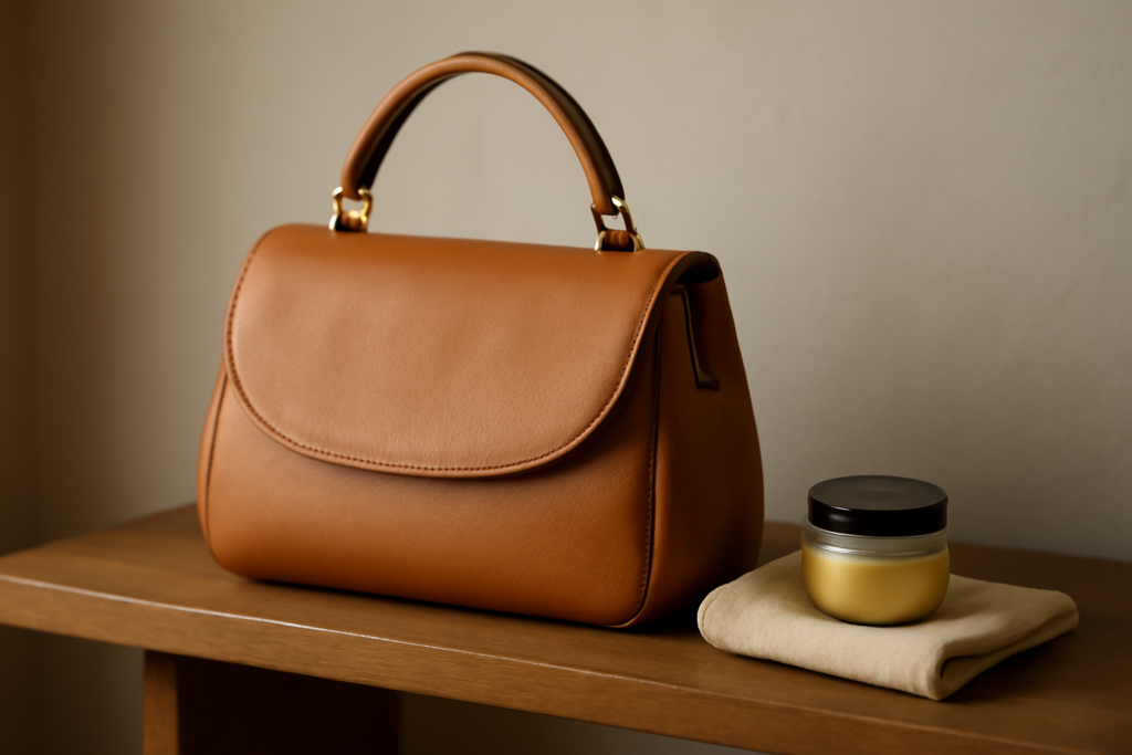 Tas kulit cokelat tan dengan kain mikrofiber dan krim perawatan di rak kayu