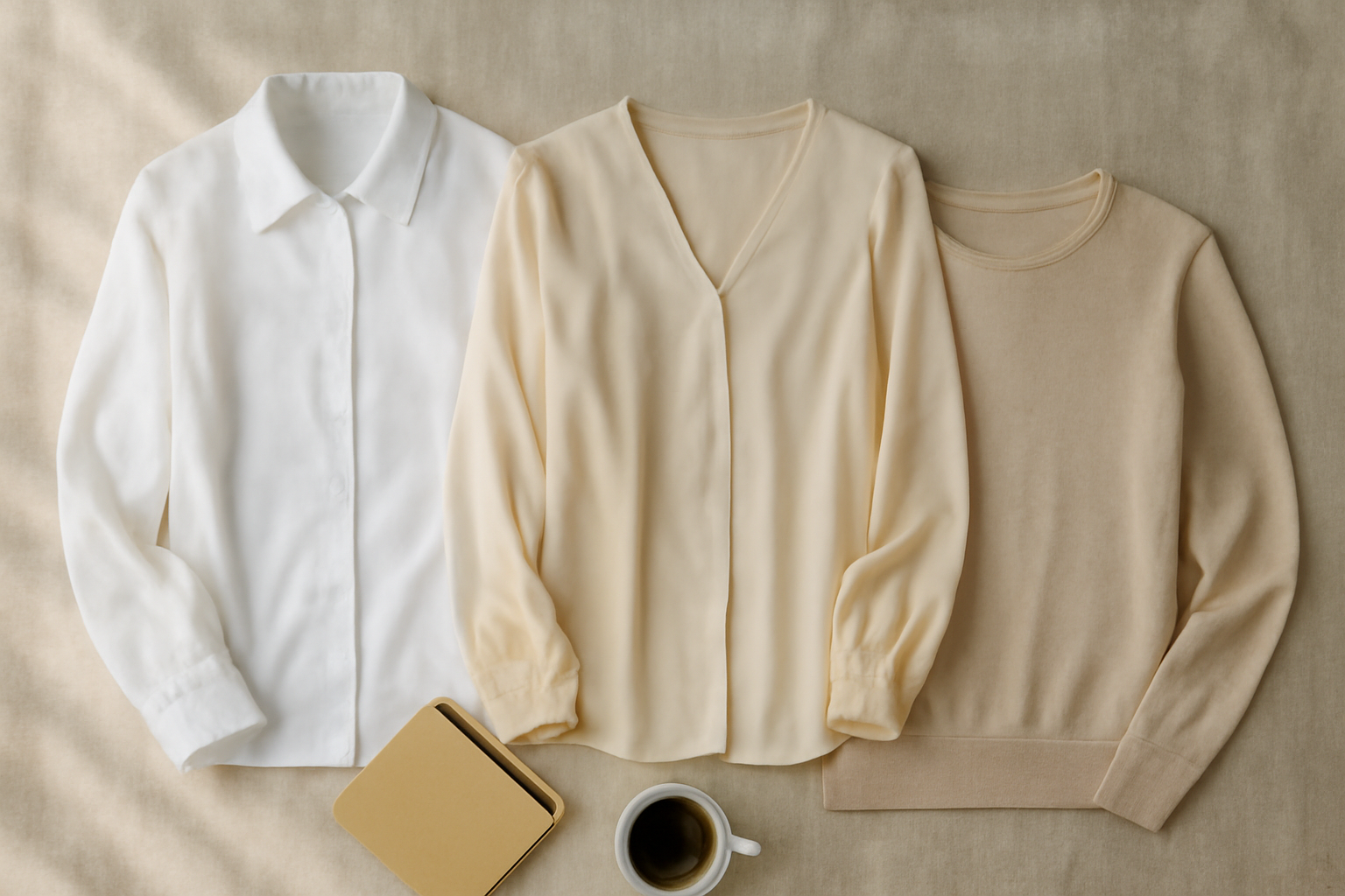 Perbandingan tiga atasan wanita untuk kerja: kemeja putih, blouse krem, dan atasan knit