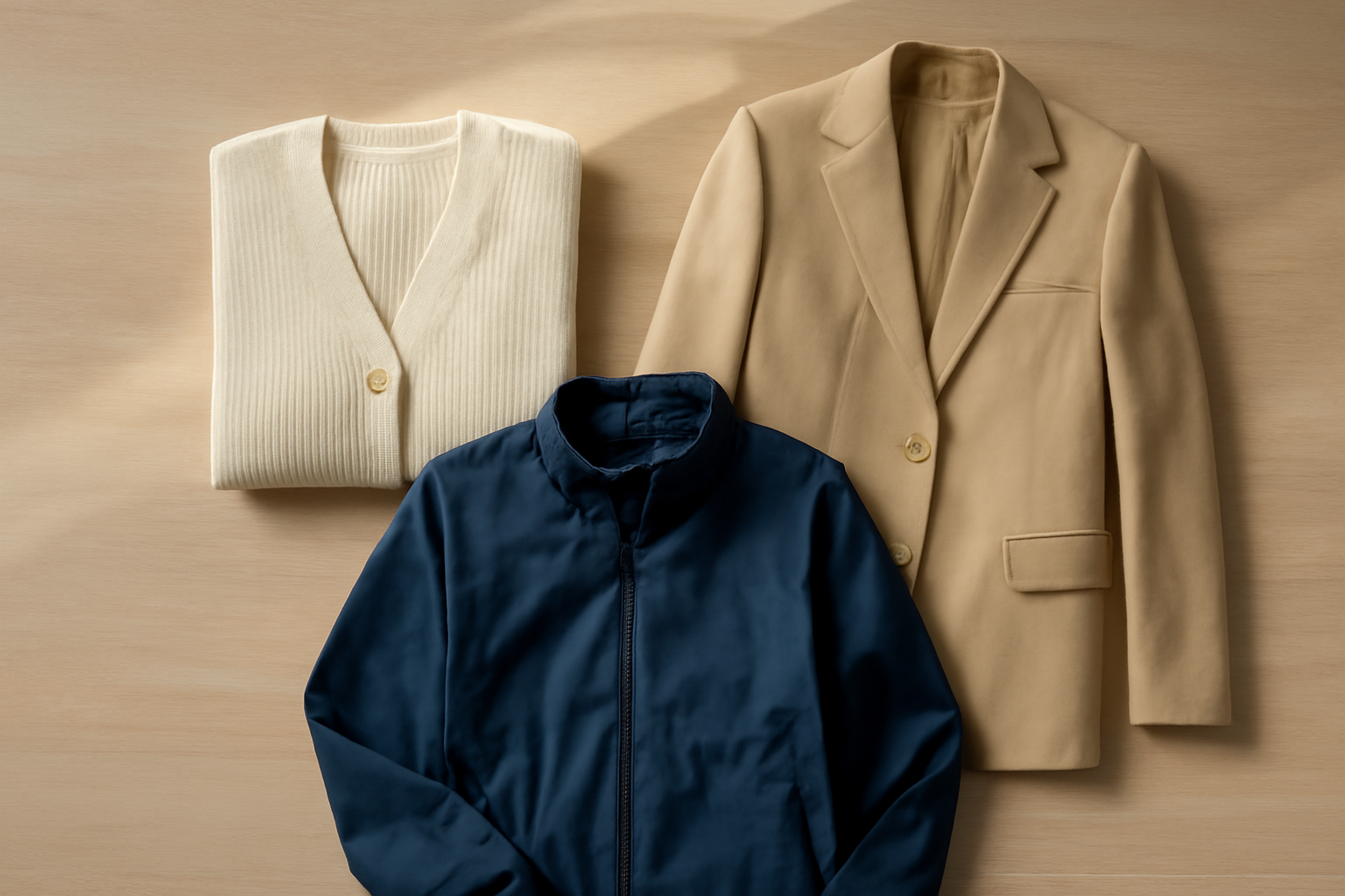 Tiga pilihan outer: cardigan rajut krem, blazer beige, dan jaket windbreaker biru dongker ditata di atas meja kayu