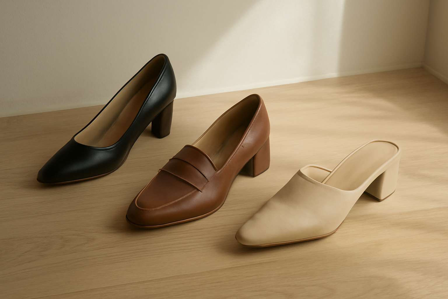Tiga jenis sepatu kerja wanita: pumps hitam, loafers cokelat, dan mules krem
